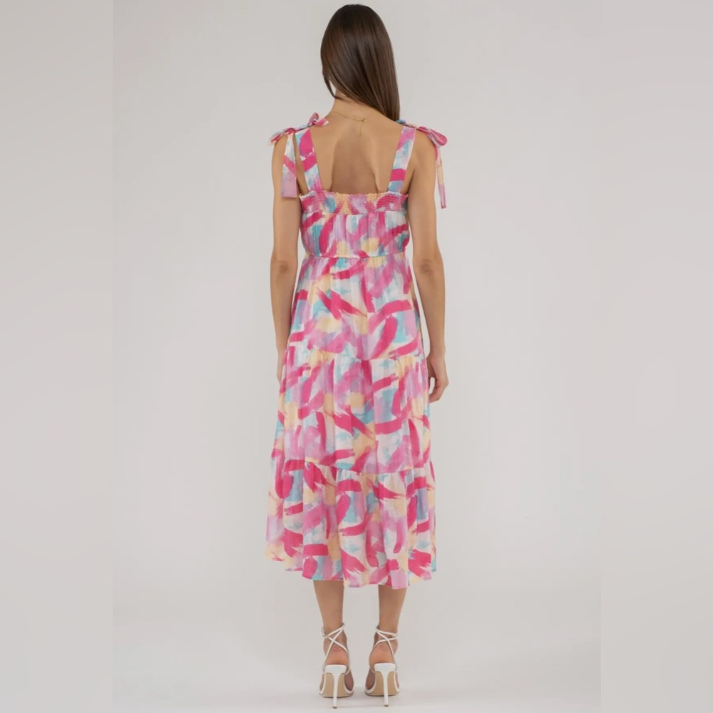 NWT Blu Pepper Brush Stroke Print Tiered Midi Dress - Picture 2 of 3
